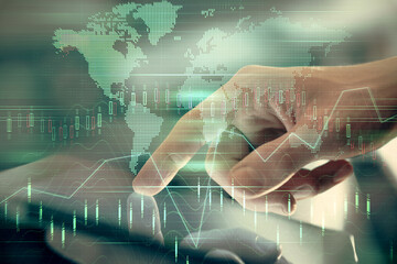 Multi exposure of man's hands holding and using a phone and financial chart drawing. Market analysis concept.