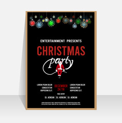 Christmas party invitation poster, flyer template design with stylized christmas bALL and santa claus. Vector illustration Eps 10.
