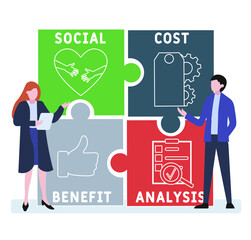 Flat design with people. SCBA - Social Cost Benefit Analysis  acronym. business concept background. Vector illustration for website banner, marketing materials, business presentation, online advertisi