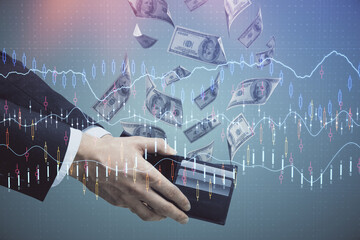 Multi exposure of financial graph drawing hologram and USA dollars bills and man hands. Analysis concept.