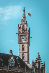 Torre de reloj con cielo azul y pajaro cruzando la imagen con pompa de jabon
