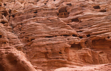 Natural texture of red rocks. Colored canyon, Egypt, the Sinai Peninsula.