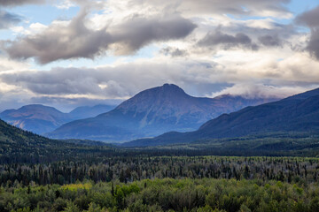 View of Scenic Mountains and Landscape on a Cloudy Morning in Canadian Nature. Taken in Northern British Columbia, Canada.