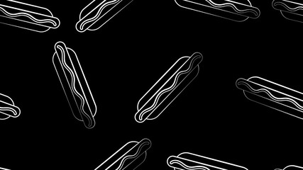 hotdog us black background, vector illustration, pattern. bun with sausage, ketchup. favorite snack. wallpaper for restaurant, cafe, kitchen decor. black and white picture in chalk drawing style