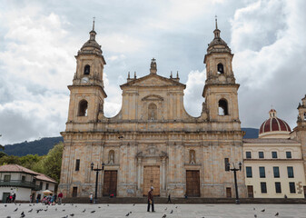 BOGOTA, COLOMBIA -  Primatial Cathedral at bolivar square with cloudy sunny day at background