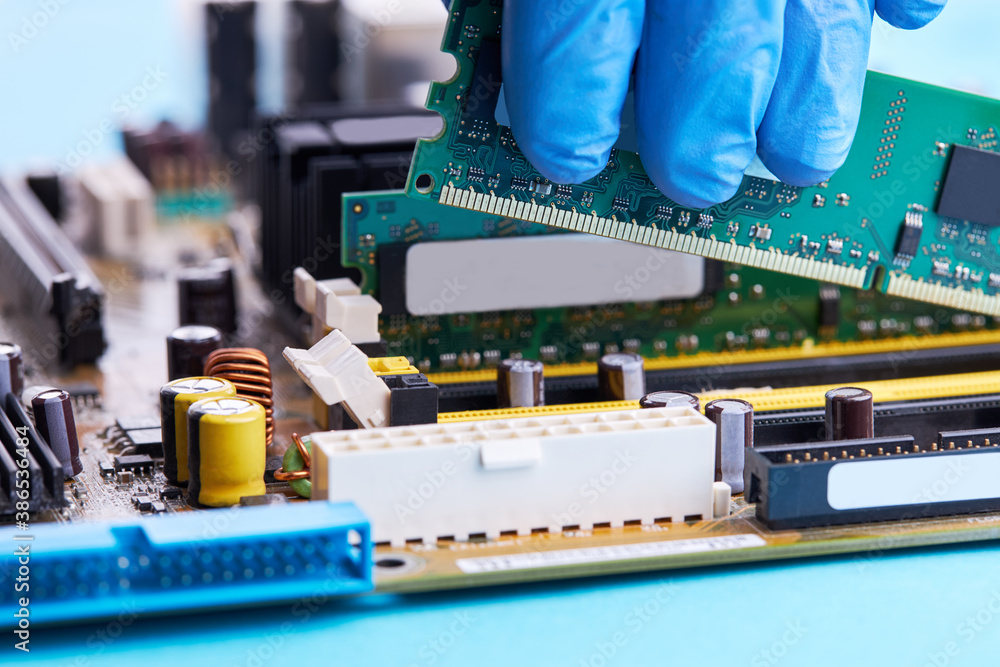 Poster technician engineer fix computer hardware. computer repair service concept. electronic industry conc
