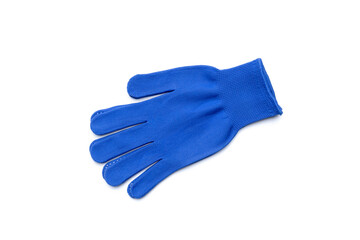 blue textile worker gloves isolated on a white background. above view. studio shot. handyman protective equipment