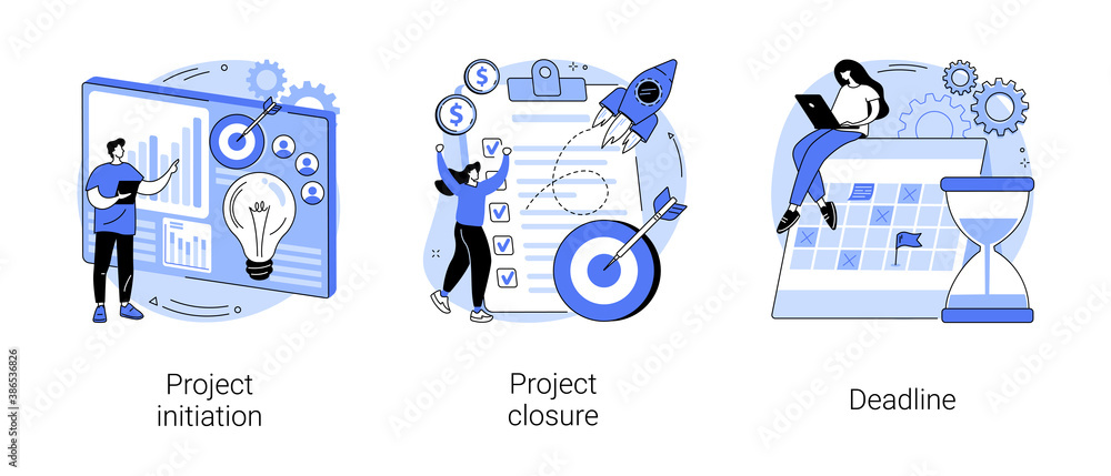 Poster project lifecycle abstract concept vector illustration set. project initiation and closure, deadline