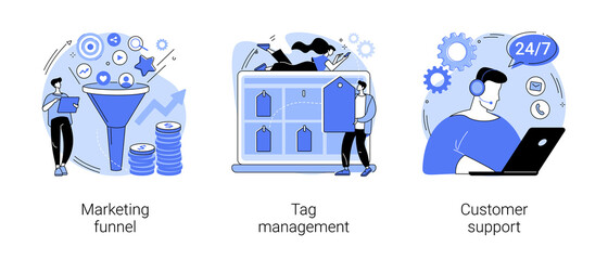 E-marketing abstract concept vector illustration set. Marketing funnel, tag management, customer support, product cycle, data collection, analytic software, online chat, help center abstract metaphor.