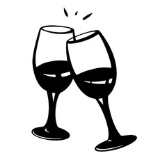 Two glasses of wine or champagne. Champagne cheering. Vector illustration. Hand drawn wine glasses.