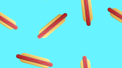 hotdog us blue background, vector illustration, pattern. bun with sausage, ketchup. favorite snack. wallpaper for restaurant, cafe, kitchen decor. cooking area decoration