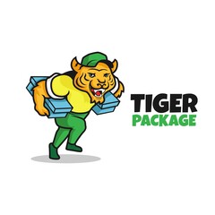 tiger running holding box in both hands. logo mascot delivery. vector illustration.