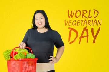 Fat woman standing with world vegetarian day text
