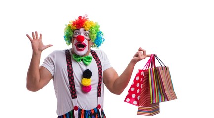 Funny clown with shopping bags isolated on white background