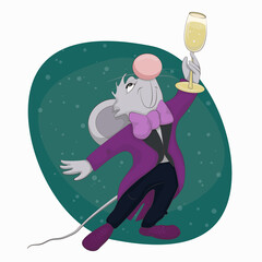 Cute mouse in tuxedo raises a glass of champagne funny vector illustration 