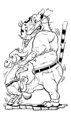 Hand-drawn image of a large cartoon tiger bullying a smaller donkey. Both wear jeans.