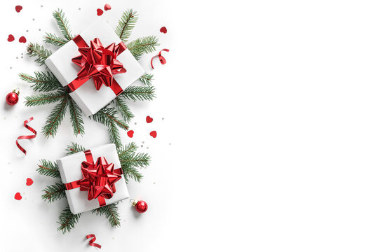Christmas fir branches, gift boxes with red ribbon, red decoration, sparkles and confetti on white background. Xmas and New Year greeting card, winter holiday. Flat lay, top view, frame