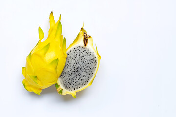 Yellow pitahaya or dragon fruit on white background.