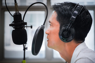 Close-up of an Asian man speaking through a microphone during a stream. .Internet broadcasts,...