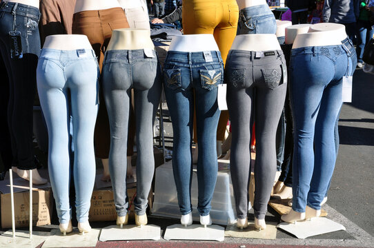Las Vegas, Nevada, USA -  A display of jeans seen at a busy weekend outdoor market.