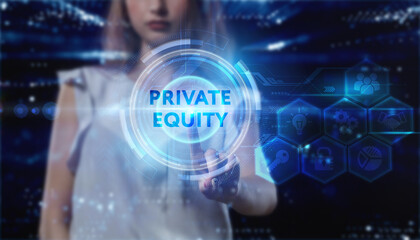 Fototapeta premium Business, technology, internet and network concept. Young businessman thinks over the steps for successful growth: Private equity