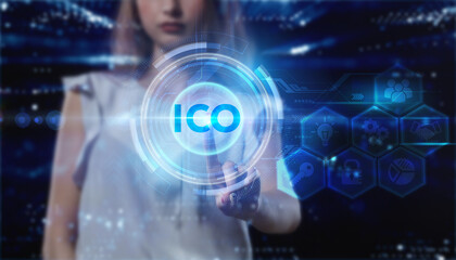 Business, technology, internet and network concept. Young businessman thinks over the steps for successful growth: ICO