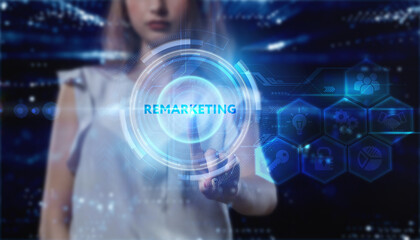 Business, technology, internet and network concept. Young businessman thinks over the steps for successful growth: Remarketing