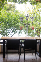 table and chairs with the green garden in cafe with garden outside the glass window.