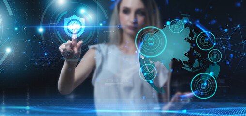 Business, technology, internet and network concept. Young businessman thinks over the steps for successful growth: