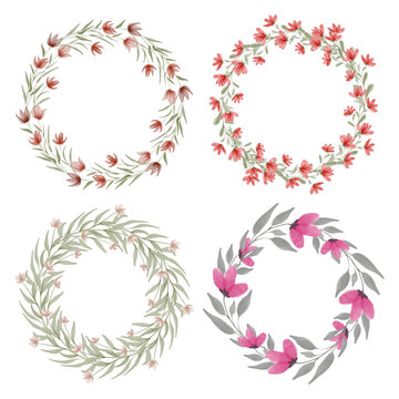 Floral Wreath With Red Floral Watercolor Illustration