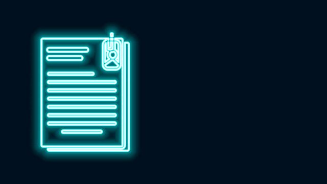 Glowing neon line File document and paper clip icon isolated on black background. Checklist icon. Business concept. 4K Video motion graphic animation