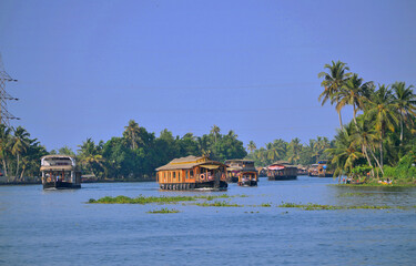 House boats in Kerala sailing on a lake