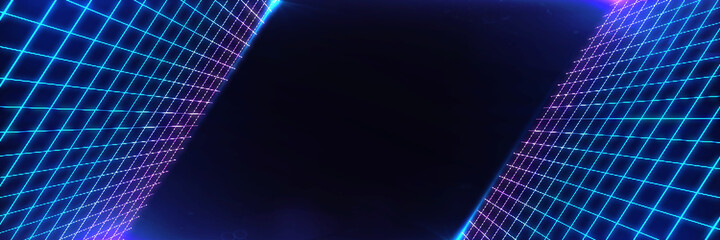 Retro cyberpunk style 80s Sci-Fi Background Futuristic with laser grid landscape. Digital cyber surface style of the 1980`s. 3D illustration. For banner
