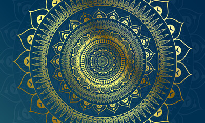 Luxury geometric gold gradient dark blue mandala background. Design for any card, birthday, other holiday, kaleidoscope, yoga, india, folk, arabic. Indian pattern.