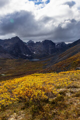 Fototapeta na wymiar View of Scenic Hiking Trail to Lake surrounded by Mountains during Fall in Canadian Nature. Taken in Tombstone Territorial Park, Yukon, Canada.