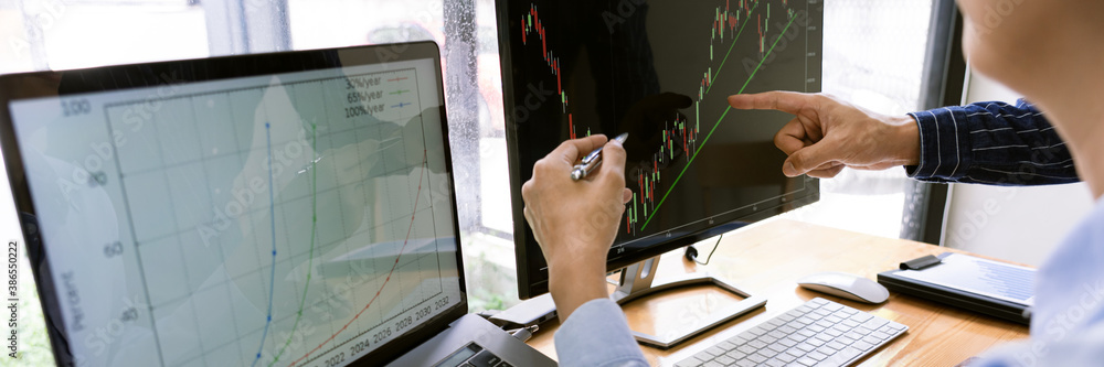 Poster team of stockbrokers are having a conversation on a stock exchange for investment purposes in trader