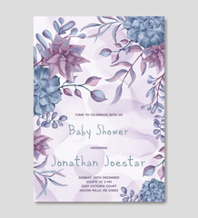 Baby shower invitation template with watercolor floral background
