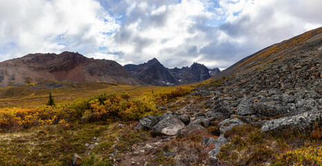 Panoramic View of Scenic Hiking Trail and Mountains during Fall in Canadian Nature. Taken in...