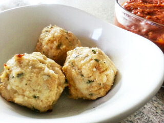 Turkey Meatballs in a White Bowl with Red Sauce, Featuring Garlic, Parmesan, Breadcrumbs, and Ground Turkey