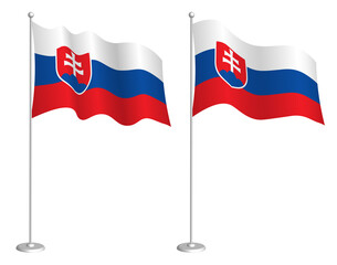 flag of Slovakia on flagpole waving in the wind. Holiday design element. Checkpoint for map symbols. Isolated vector on white background