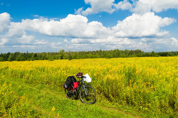 Obraz na płótnie Canvas a tourist bike stands alone against a background of green grass and clouds in summer