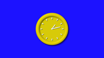 Amazing yellow color 3d wall clock isolated on blue background, 12 hours 3d wall clock
