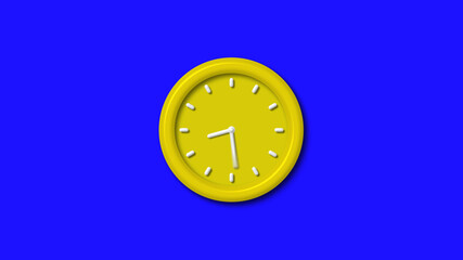Amazing yellow color 3d wall clock isolated on blue background, Counting down 3d wall clock
