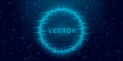 Futuristic cyberpunk glitch circle. Blue glowing digital round shape. 8 bit ring. Background design for promo electronic music events and game titles. Vector
