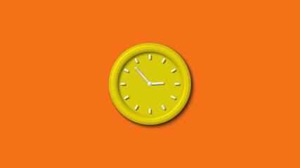 Amazing yellow color 3d wall clock isolated on brown background, 12 hours 3d wall clock