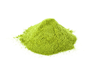 Powdered matcha green tea isolated on white background