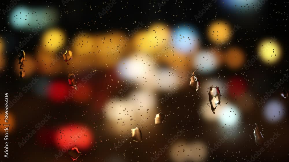 Poster raindrop on windows with nighttime bokeh blur background.