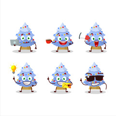 Blue christmas tree cartoon character with various types of business emoticons