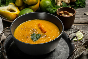 Vegetarian autumn pumpkin cream soup with baked peppers and cheese, lime juice and ginger