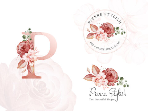 Logo set of brown watercolor floral for initial P, round, and horizontal. Premade flowers badge, monogram for branding design